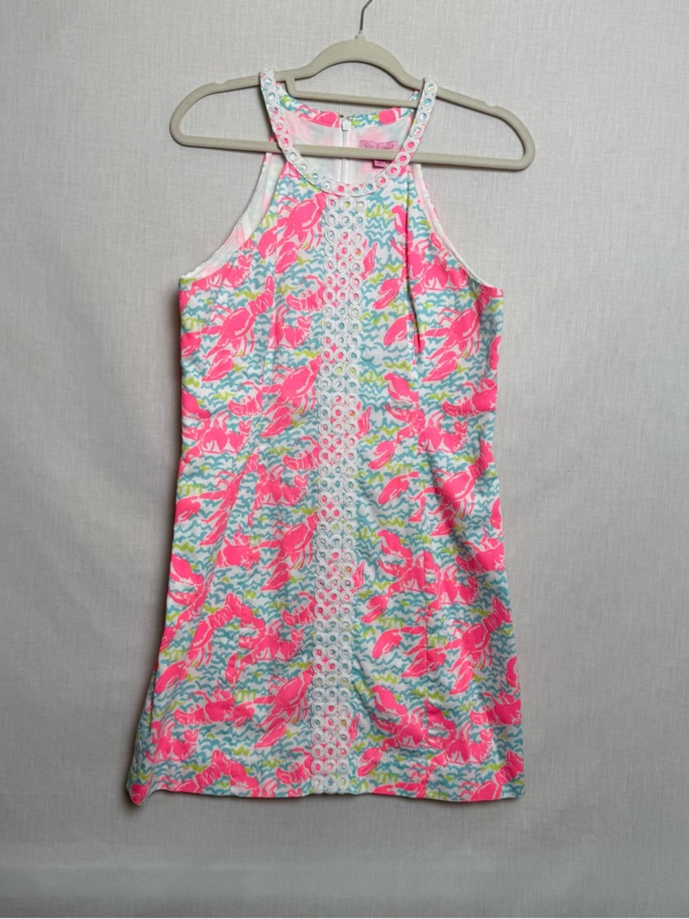 Lilly Pulitzer Lobstah Roll Shift Dress Size 10 Pink Blue Sleeveless Lace Trim